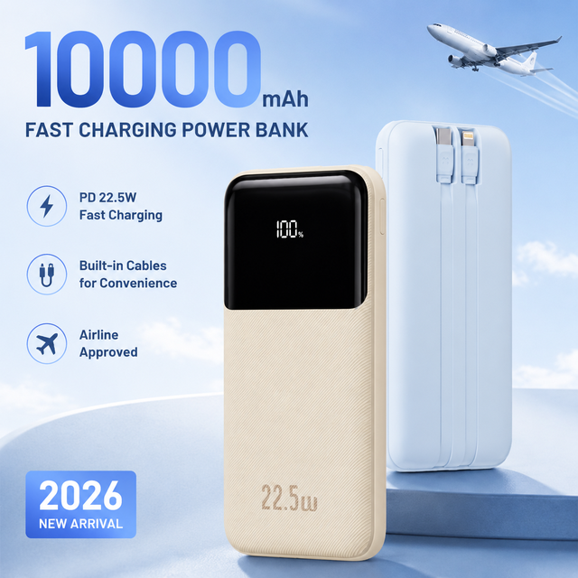 2026 New Customizable Capacity 10000 mAh Power Bank PD 22.5 Fast Charging Portable Charger With  Cable for Phone Laptop Travel