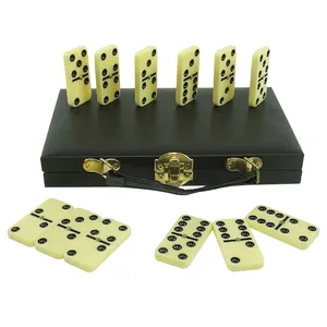 Fornecedor de dominó profissional personalizado por atacado D6 Ivory jogo de dominó jogo PU caixa de jogos de tabuleiro de quebra-cabeça de dominó para crianças