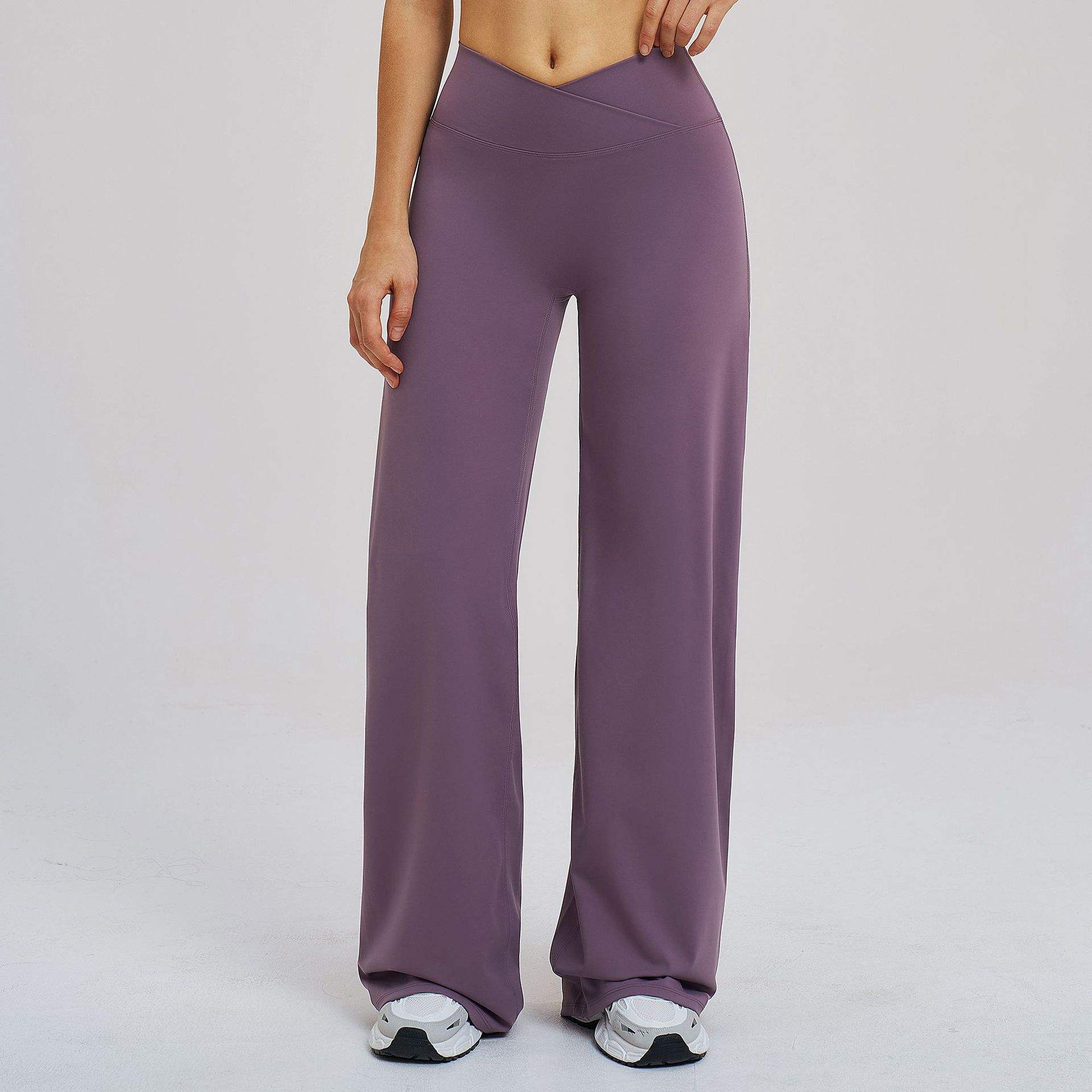 กางเกงขากว้างสีม่วงถั่วแดง