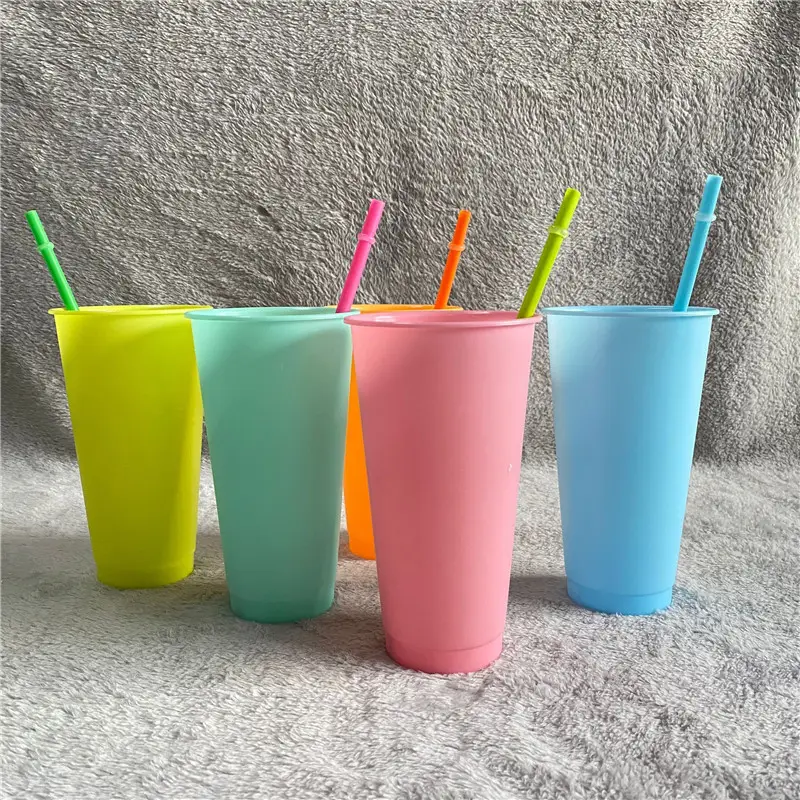 24oz 700ml Plastic Color Changing Summer Ice Cold Drink Water Coffee Temperature Sense Gradient Drinking 5 Reusable Cups
