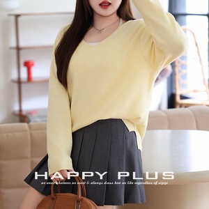 ชุดเสื้อสเวตเตอร์ถักผู้หญิงแฮปปี้ พลัสสีเหลืองจัสมิน คอวี ทรงหลวม พลัสไซส์ N9067 สีพื้น มีป้าย - Product Image 5