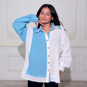 Chemise boutonnée en tricot bohème pour femme, avec broderie, manches longues de couleur contrastée, coupe ample, col rabattu - Product Image 1