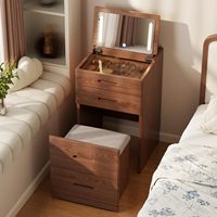 Ensemble de coiffeuse moderne en chêne massif pliable avec miroir LED rabattable, 3 tiroirs de rangement et tabouret ottoman pour chambre à coucher