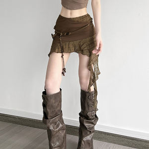 กระโปรงมินิสั้นทรงเรโทรแต่งระบายแบบไม่สมมาตรสำหรับผู้หญิง ประดับลูกปัด แต่งเชือกผูก ดีไซน์แบบปะติดปะต่อ เซ็กซี่เก๋ไก๋ - Product Image 5