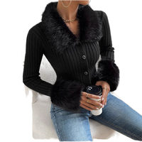 Nouvelle veste pull courte élégante pour femme, en polyester épais et chaud, à manches longues, avec col à revers sexy, bordure en fausse fourrure contrastante et boutons