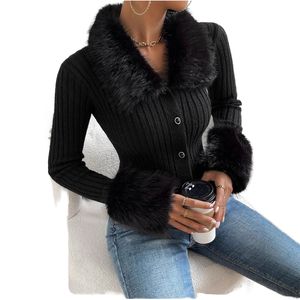 Computer Knitted Faux <b>Fur</b> Trim Women Sweater Fashion Knitwear with OEM ODM Customization - Product Image 1