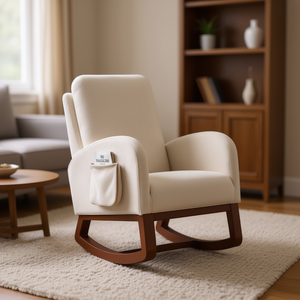 Sillón Mecedora de Tela Franela Beige con Respaldo Alto y Patas Marrones, Silla para Sala de Estar con Bolsillo Lateral - Product Image 2