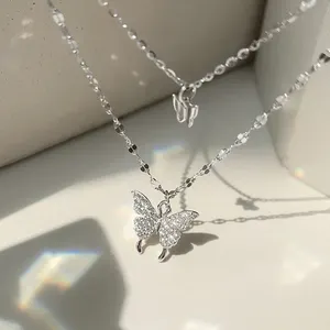 Approvisionnement d'usine Offre Spéciale Double Couche Papillon Haute Qualité Zircon Pendentif 925 Collier En Argent Sterling Pour Les Femmes