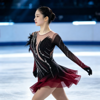 Robe de patinage artistique à manches longues en maille dégradée noir et rouge bordeaux, ornée de strass argentés et de plumes, dos ouvert, pour concours de danse sur glace