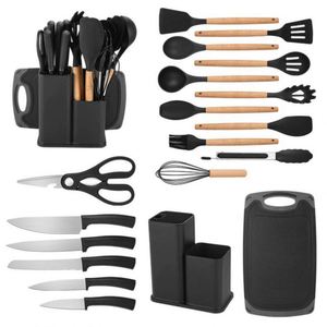 Ensemble de 19 ustensiles de cuisine en silicone durable avec manche en bois, antiadhésifs, multifonctionnels, avec rangement intégré pour couteaux - Product Image 2