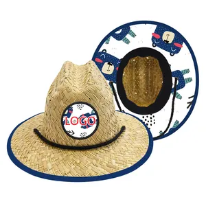 หมวกฟางชายหาดสำหรับเด็ก,หมวกฟางเด็กหัดเดินหมวกฟางลายโลโก้ตามธรรมชาติสำหรับฤดูร้อน