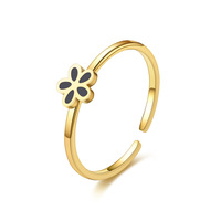Anillo Abierto de Acero Inoxidable con Flor de Margarita, Acento de Esmalte Dorado y Oro Rosa