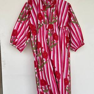 Women's Striped Hand Block Print 100% Cotton <b>Summer</b> Floor-Length <b>Kaftan</b> Eco-Friendly Lightweight Breathable V-neck Embroidery - Product Image 2