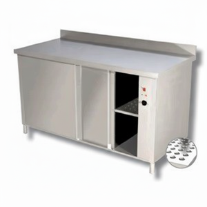 Tavolo riscaldato in acciaio inossidabile con porte scorrevoli e backsplash - Product Image 1