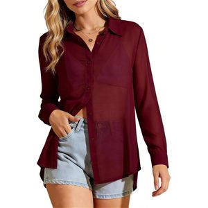 Camisa transparente de manga larga con botones para mujer, blusa holgada con cuello de malla, top para uso diario - Product Image 1