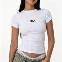 T-shirt court en maille à manches courtes pour femme, coupe ajustée, col rond, en coton, avec logo personnalisé, impression et broderie sur mesure, hauts décontractés quotidiens