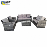 Ensemble de canapés de patio modernes, durables et confortables, 5 pièces, gris, en rotin PE, meubles d'extérieur, table en verre pour cour, utilisation hôtelière