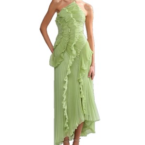 Robe en mousseline haut <span class=keywords><strong>de</strong></span> gamme exclusive transfrontalière pour femme, design plissé à volants, jupe midi amincissante, col licou, coupe crayon - Product Image 5