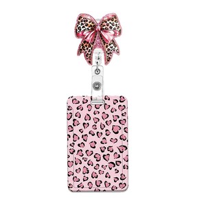 Transparent clip-on pink leopard print easy-open clasp acrylic sequin glitter UV printed double-sided embossed <b>ID</b> card <b>holder</b>, - Product Image 5