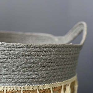 <b>Woven</b> <b>Baskets</b> Round Beige And Gray Handmade Storage <b>Basket</b> For Plant Home Decoration - Product Image 2