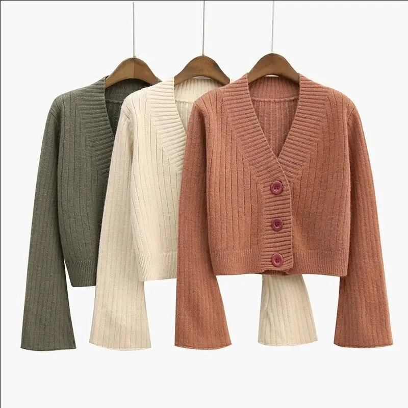 Women Ribbed Knitted Cotton Tops Black White Ladies Soft Outwear Female Cardigan Autumn Long Flare Sleeve Short cardigan