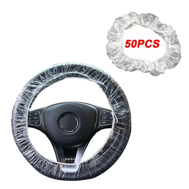 50pc Universal Car Gear Cover Disposable Transparent Steering Wheel Cover Elastic Waterproof Plastic Safety Isolation Protection