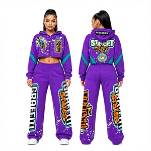 PELSVERIK Conjunto de chándal 2 en 1 con capucha para mujer, color morado, manga larga, cremallera frontal, ropa de calle, estampado de puntos/leopardo, corte holgado - Product Image 1