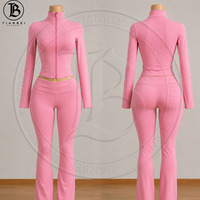 Set Olahraga Yoga Wanita dengan Logo Kustom Produsen, Jaket Resleting, Celana Flare Legging, Set 2 Potong, Tracksuit Wanita