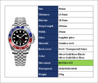 Montre à quartz pour homme avec logo personnalisé, lunette rouge et bleue, style GMT, bracelet Jubilee en acier inoxydable, montre-bracelet étanche