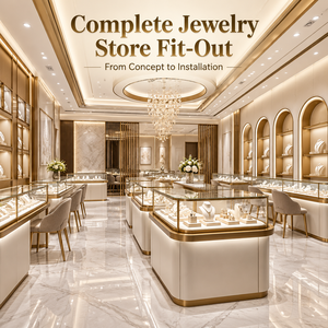 Comptoir de présentation de bijoux en verre marbré or champagne de luxe moderne, projet d'aménagement intérieur complet pour boutique de bijoux sur mesure - Product Image 6