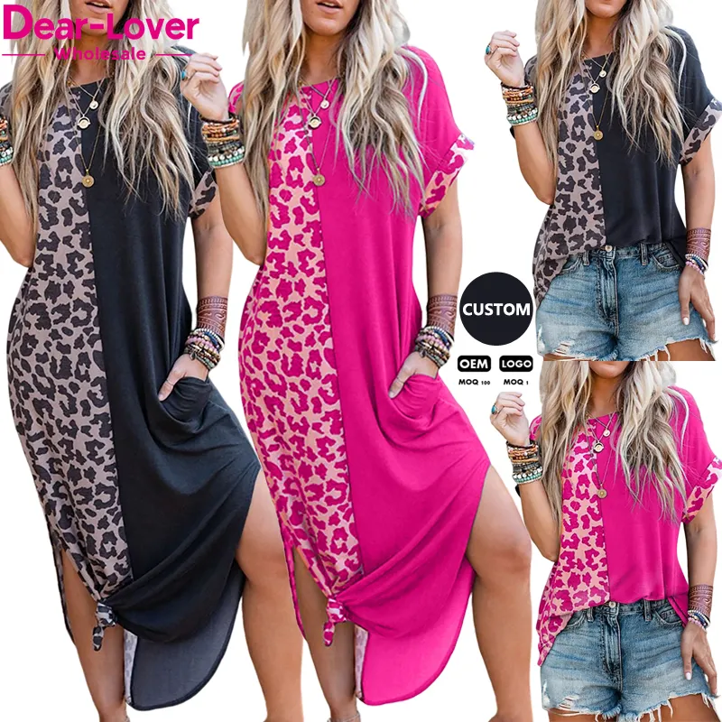 Dear-Lover ODM OEM Clothing Private Label Wholesale Summer Short Sleeve Leopard Patchwork Maxi Woman Elegant Long Dresses Women