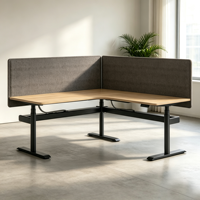 Bureau debout en forme de L moderne avec écran de confidentialité, bureau de travail en bois réglable avec rangement pour mobilier de bureau à domicile