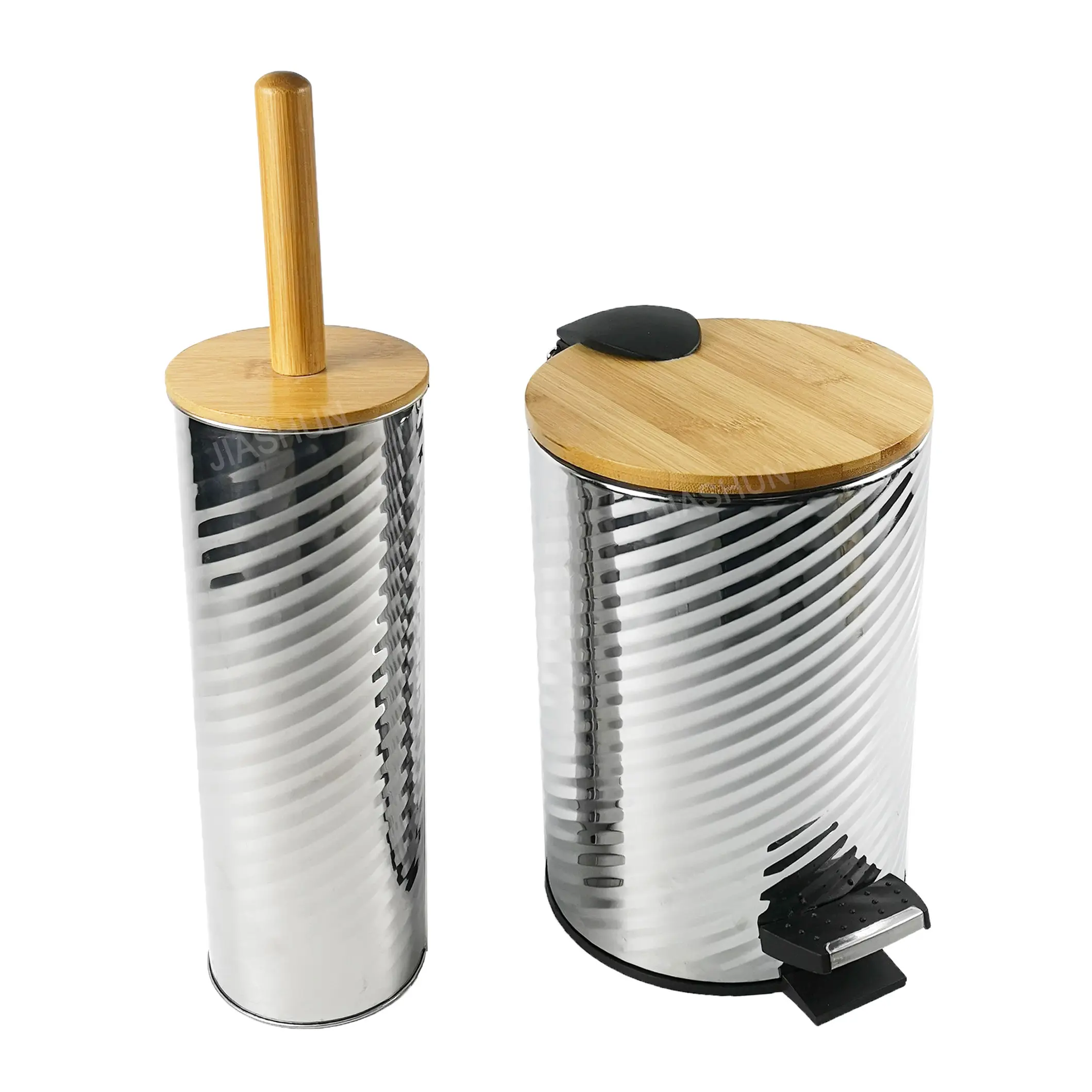Natural Bambu Lid Embossed Metal Trash Can com Toilet Brush Holder Banheiro Set Lixo Bin e Toilet Brush