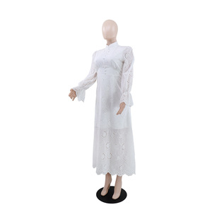 Vestido Elegante de Manga Larga con Aberturas y Botones en la Cintura para Mujer, Color Sólido, Estilo Vacacional - Product Image 4