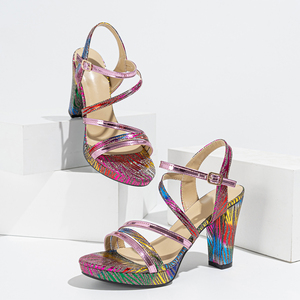 Sandales tendance à bride cheville, motif zèbre arc-en-ciel métallisé, bout ouvert, talons carrés <span class=keywords><strong>plateforme</strong></span>, avec soutien de la voûte plantaire, pour l'été et l'hiver, chaussures de soirée, grandes tailles - Product Image 2