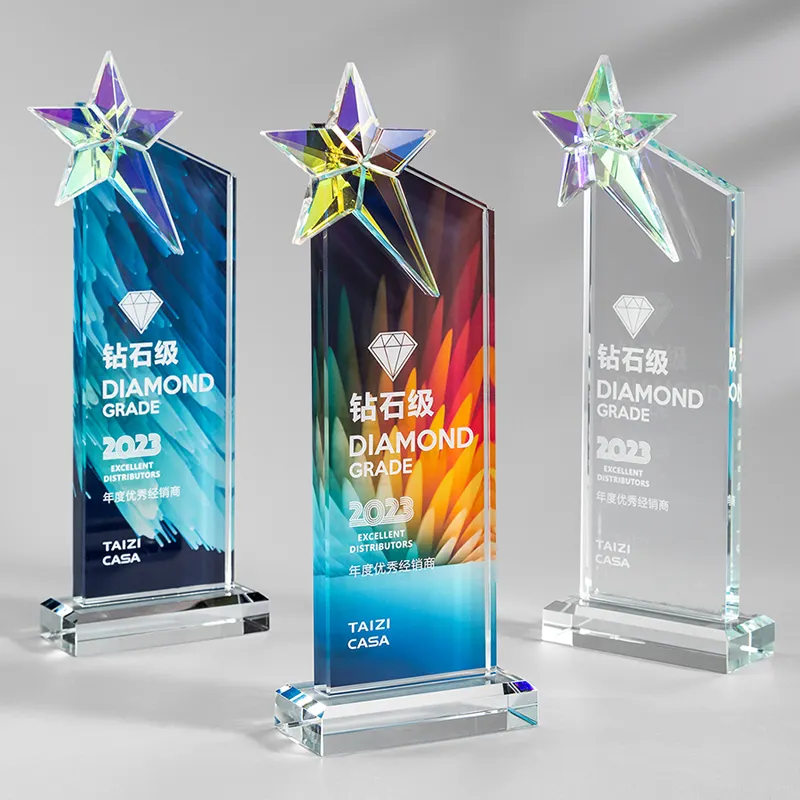 Wholesale Custom blank glass crystal star shiled award trophy 3d Laser Engraved Crystal Award Trophy with Base for sport event