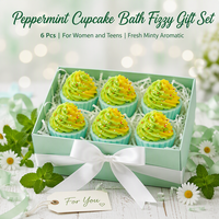 Coffret de 6 bombes de bain personnalisées en forme de cupcake à la menthe, 70g, avec dessus fouetté vert et jaune, et saupoudrage coloré hydratant, en boîte cadeau