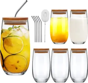 Highball-Juego de 6 vasos de cristal para bebidas, vasos altos de agua con pajitas y tapas de bambú, 16 0Z