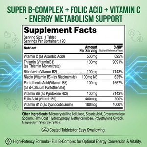 Complejo <span class=keywords><strong>Super</strong></span> B de etiqueta privada OEM con vitamina C, ácido fólico, soporte de energía inmune, 150 tabletas para adultos, no para mujeres embarazadas - Product Image 3