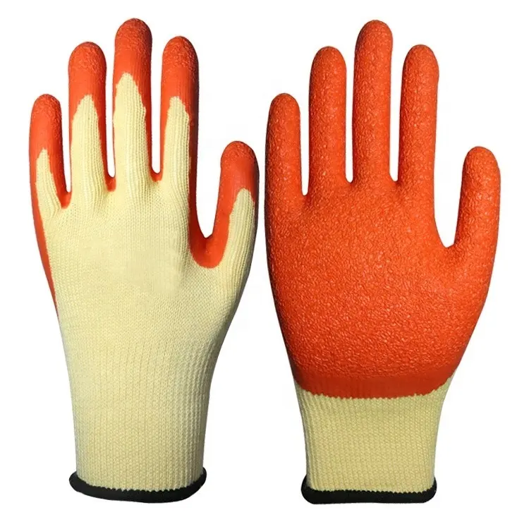 High Quality Comfort Good quality Beige cotton knitted yarns orange rubber dipped latex crinkle palm coating work safety gloves