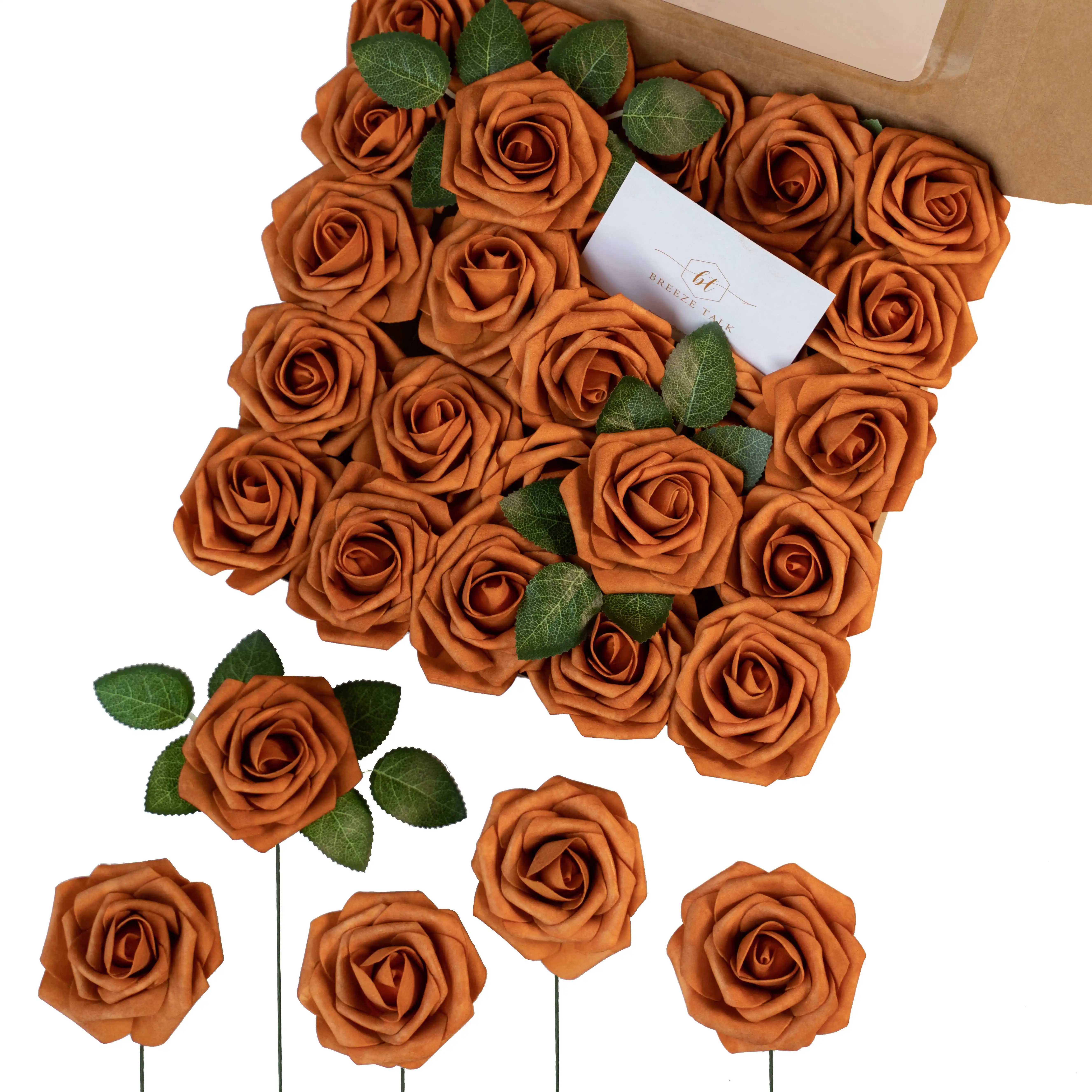 Wholesale Silk Rose Artificial Flowers Bouquet Decorative Flowers For Home Wedding Decor Burnt Orange Rose Artificial Flower