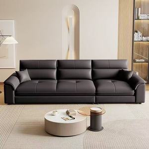 Chaise Lounge Genuine Leather <b>Sofa</b> Modern Minimalist Straight Line <b>Cream</b> Style For Living Room Small Apartment Home Rental - Product Image 2