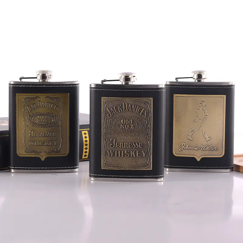 BST wholesale customized stainless steel leather alcohol hip flask 8oz black for whiskey