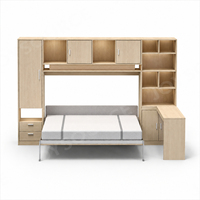 Lit mural moderne Queen/King Size en bois avec bureau intégré, cadre en acier inoxydable, tête de lit éclairée, rangement gain de place, pliable