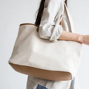 Customized Logo Printed Shopping Oversized Cotton <b>Canvas</b> <b>Tote</b> Bag With Leather Handle - Product Image 5
