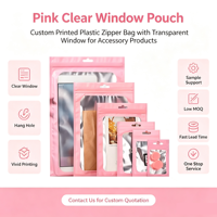 Pochette à fermeture éclair rose personnalisée avec fenêtre transparente, trou de suspension, sac en plastique refermable pour accessoires électroniques, petit emballage cadeau