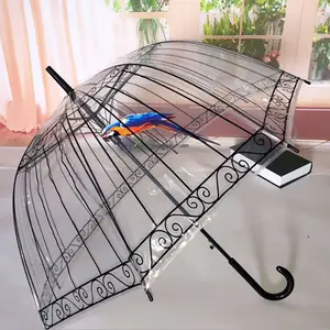 Payung kubah bening sederhana, payung plastik transparan untuk hari hujan dengan pola burung beo