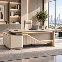 Bureau de direction moderne haut de gamme avec éclairage d'ambiance LED, table de PDG pour salle de direction, grand poste de travail administratif avec rangement