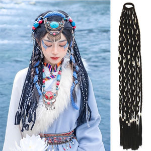 Peluca trenzada étnica tibetana Miao, rastas largas con hilo plateado, extensión de cabello tipo cola de caballo para mujeres, accesorios de estilo étnico. - Product Image 1