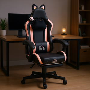 Silla de Juego HOMCOM de Cuero Sintético Negro con Reposacabezas, Reposapiés, Soporte Lumbar, Silla de Oficina Giratoria - Product Image 2